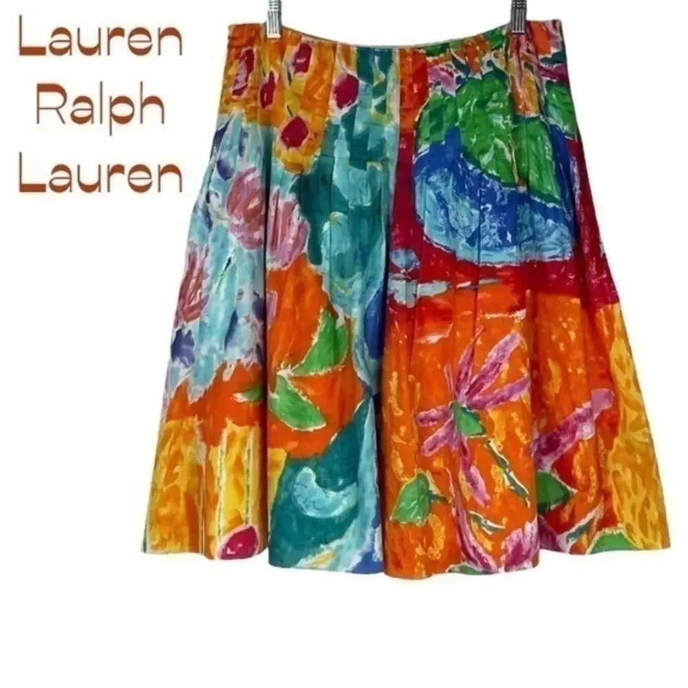 Lauren Ralph Lauren Bold Watercolor Floral Print 100% Cotton Pleated Skirt